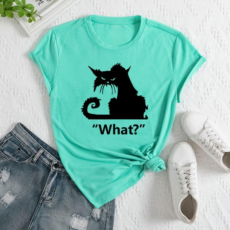 

Летние женские английские футболки с принтом «What Cat» с круглым вырезом, свободные повседневные хлопковые футболки с короткими рукавами для женщин 3XL