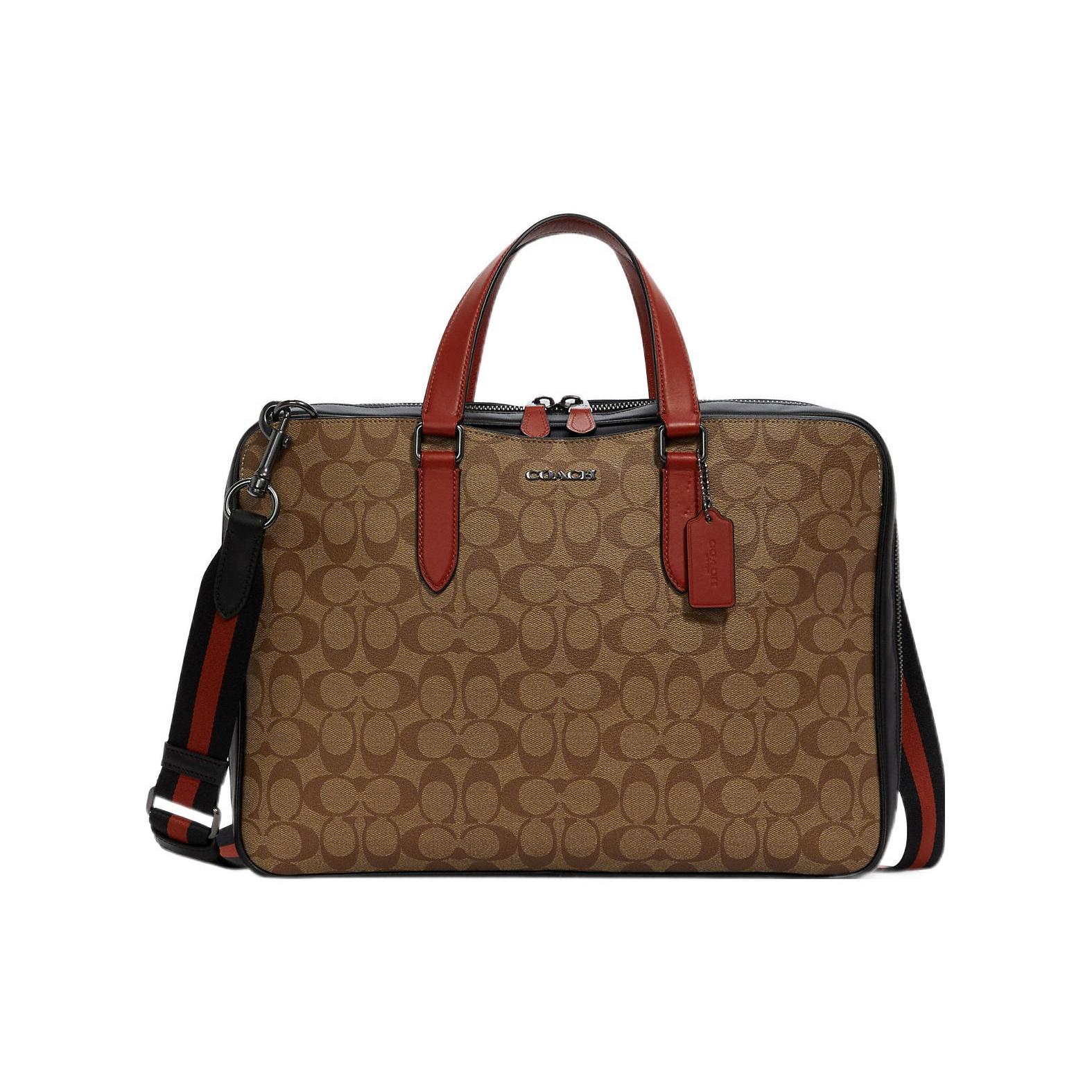 

New COACH Graham Canvas With Leather Laptop Bag Crossbody Bag Briefcase Large Size Men s Khaki & Orange C8169-QBTUI 39.4*5.6*27.9CM