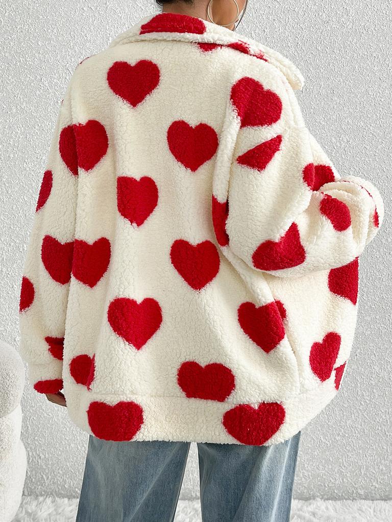 Women Fleece Winter Warm Plush Zipper Jacket Love Printed Casual Coat Loose Long Sleeve Outerwears