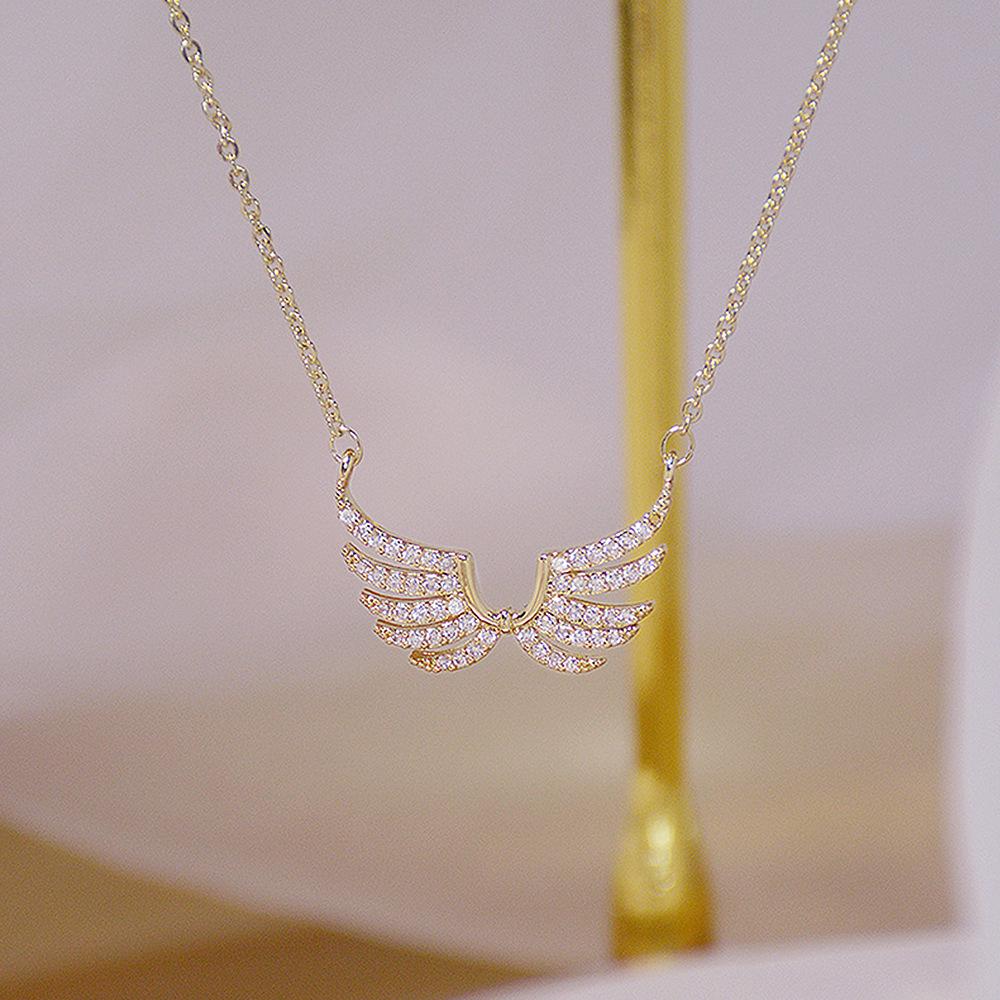 Collana Ciondolo Ali d'Angelo Placcate Oro con Zirconi, Collana Sottile e Scintillante con Catena a Maglia per Donna