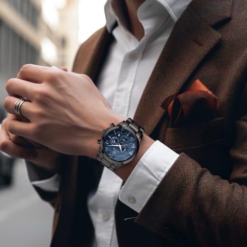 Watches Men's BENYAR Multi Calendar, Chronograph, Business Formal Men's Leather Strap, Analog Watch, Waterproof and Scratch Resistant Silver Blue