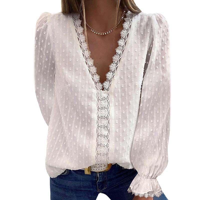 

New V Neck Long Sleeves Chiffon Shirt Lace Apricot S