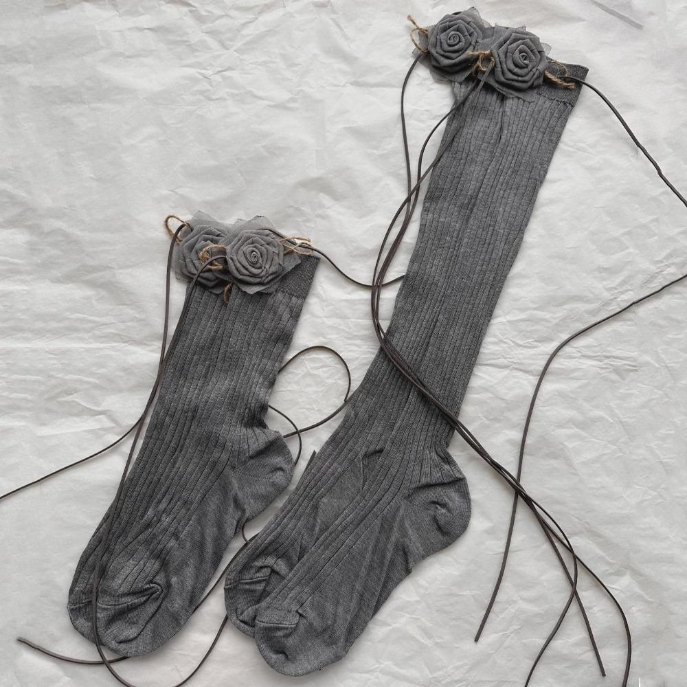 Lace Up Mid Tube Socks Ballet Style JK Lolita Stockings Breathable 3D Flower Stockings  Student