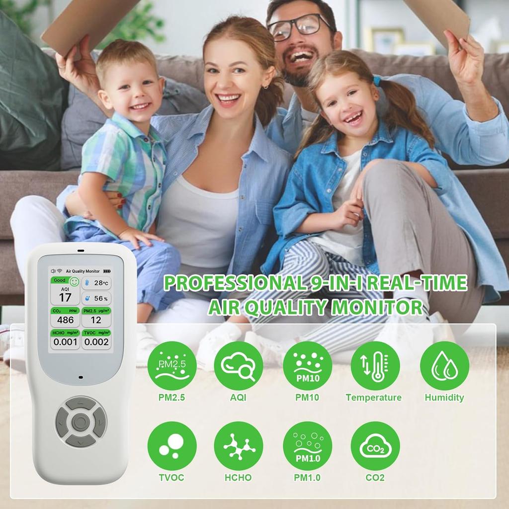 Air Quality Monitor Indoor, Portable Air Quality Tester for PM1.0, PM2.5, PM10, CO2, TVOC,Temperature and Humidity with Alert for Home Office School