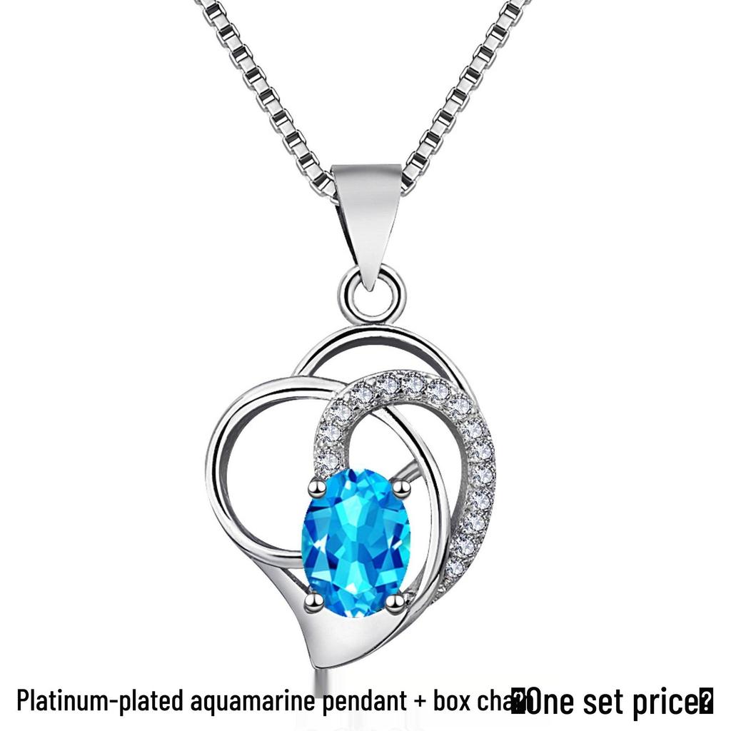 Mingchi Fashion Heart-shaped Blue Topaz Silver Necklace for Women - Simple Korean Clavicle Chain with Natural Crystal Gemstone