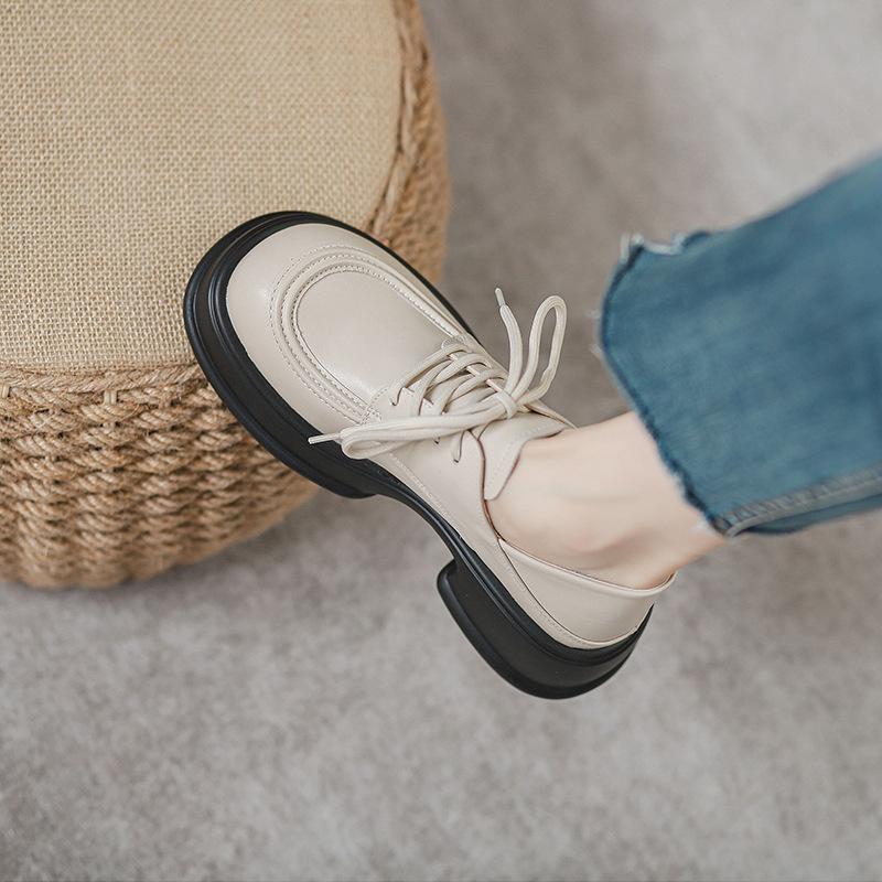 Leather Platform Loafers Women's 2024 New Muffin Lace-up Heightening Jk College British Style Small Leather Shoes Women's Single Shoes