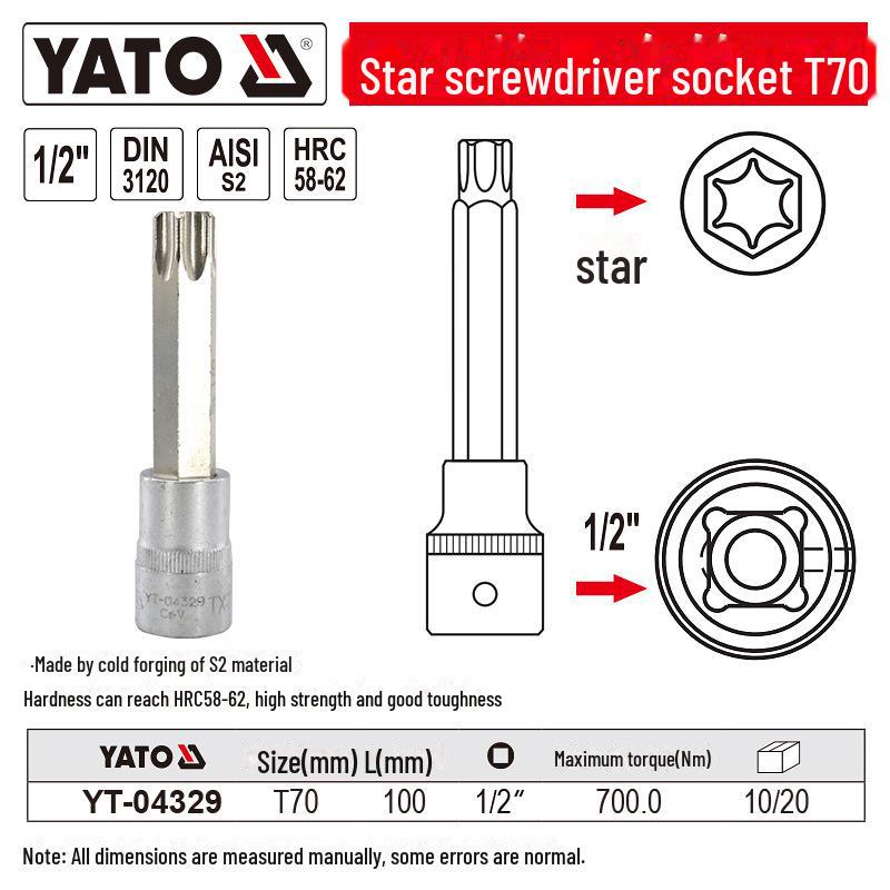 YATO 1/2" Star Screwdriver Socket Set, Chrome Vanadium Steel, S2 Head