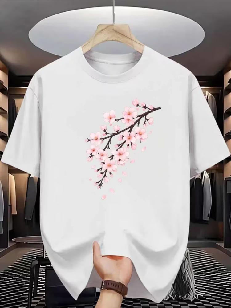 Unisex Navy Crew Neck Tee Cherry Blossom Flower Print Oversized Short Sleeve Unisexs Summer Streetwear Casual Daily Basic Wear Top