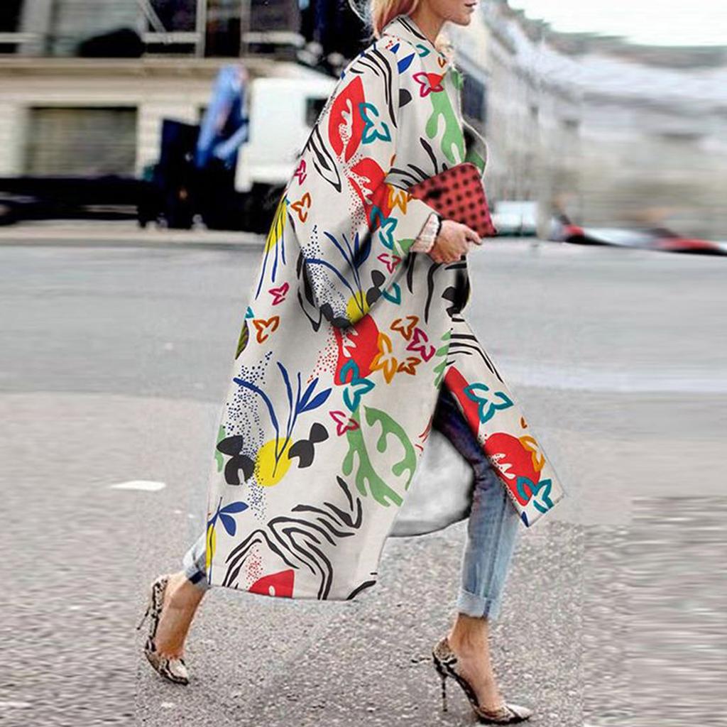 Fashion Women Printed Pocket Jacket Outerwear Cardigan Overcoat Long Trench Coat