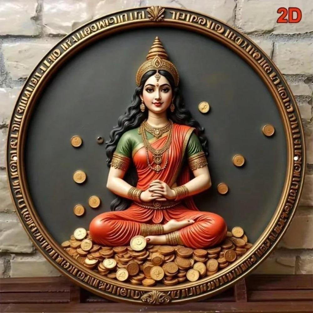 Vintage Lakshmi Metal Sign Round Wall Art Decor Wealth Prosperity Plaque