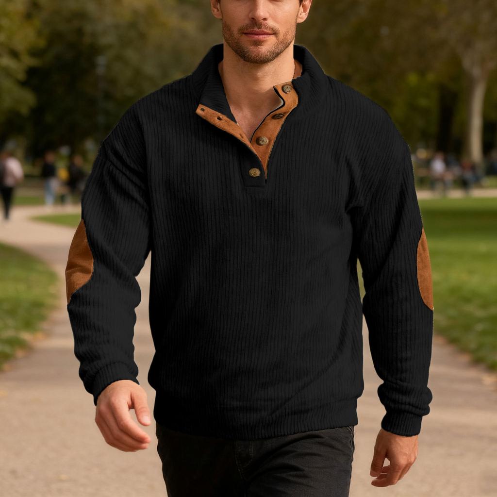 New Men's Casual Corduroy Patch Stand Collar Sweatshirt - Loose Fit Oversized Menswear