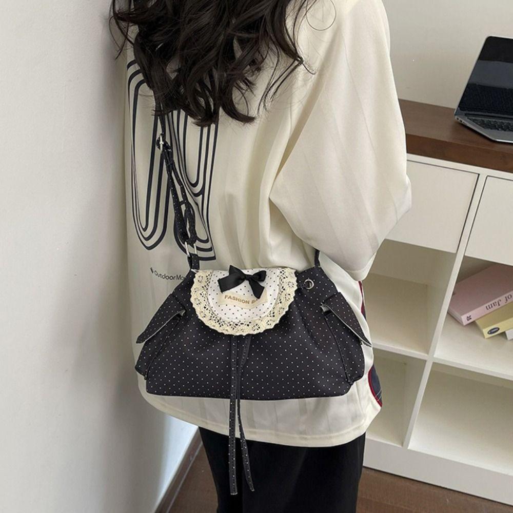 Korean Style Polka Dot Shoulder Bag Canvas Retro Underarm Bag Lace Bow Crossbody Bag Girls