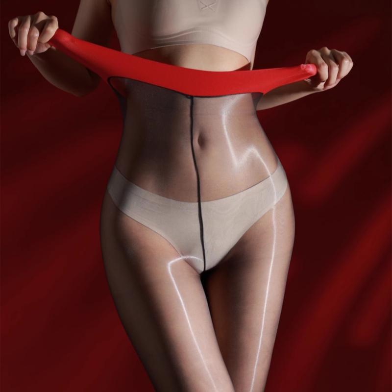 Red Nude High Waist Patchwork Pantyhose 3D Summer Slim-fit Smooth Nylon Tights One Line Crotch Oil Glossy Transparent Underwear