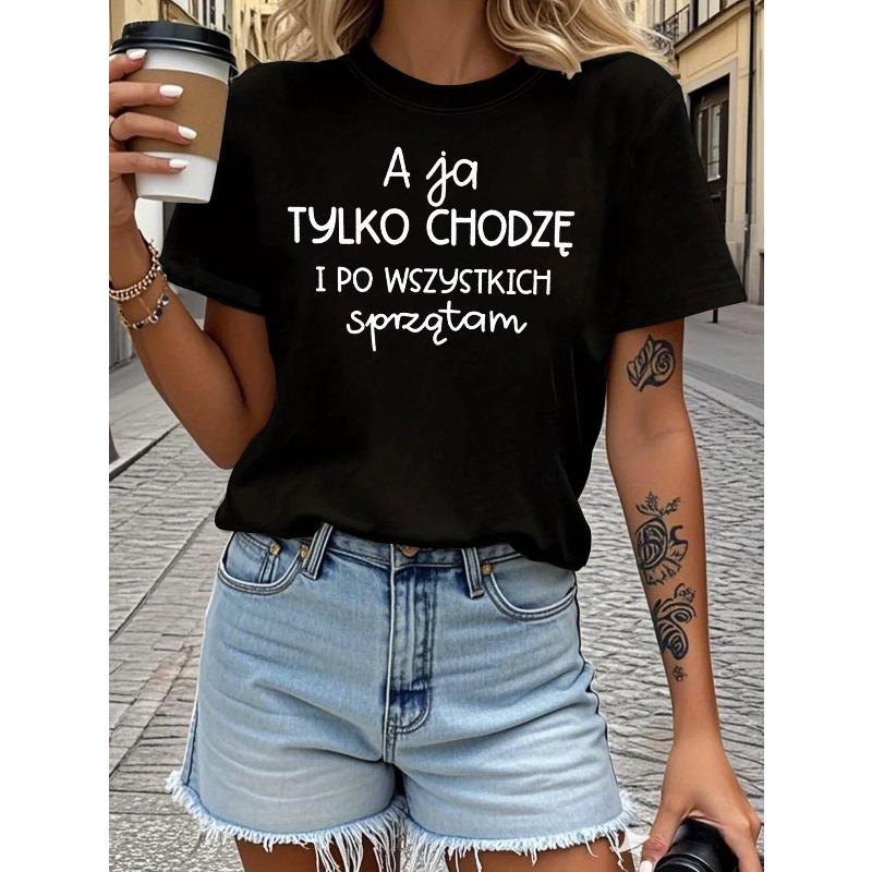 

I Just Walk And Clean Letter Print T - Shirt Women S Spring - Summer Short - Sleeve Crew - Neck Casual T - Shirt, Daily Leisure, Holiday Gift S чёрный