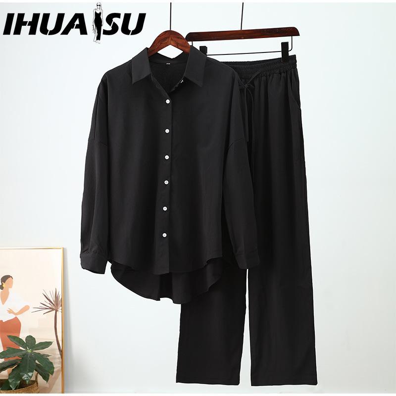 IHUASU Autumn and Winter Loose Stretch Wrinkled Long-sleeved Shirt Wide-legged Trousers Leisure Suit Female Two-piece Set