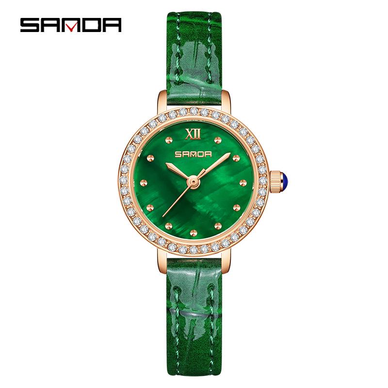 SANDA Retro Women s Green Quartz Watch with Rhinestones and Mother-of-Pearl Dial