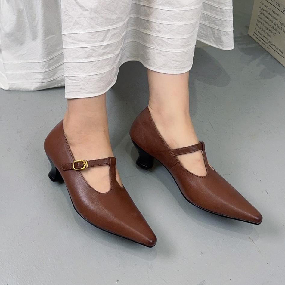 Fashion Cowhide Heel Women's Shoes Pointed Mary Jane Shoes Pointed Elegant Fashionable Comfortable