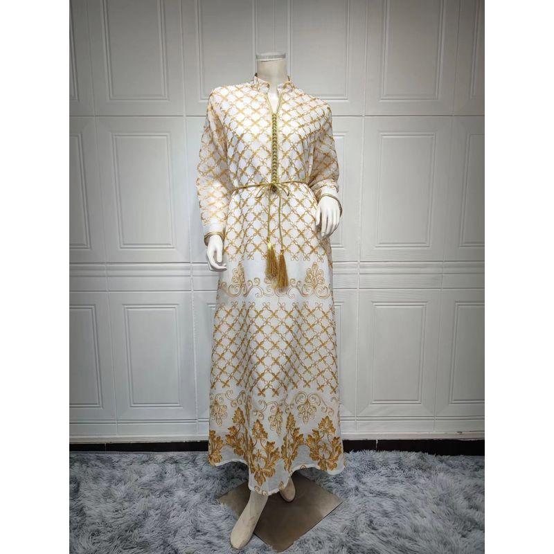 

New Arrival Ethnic Style Stand Collar Belt Long Dress Fashion Embroidery Dress Belt Embroidered Dress White XL