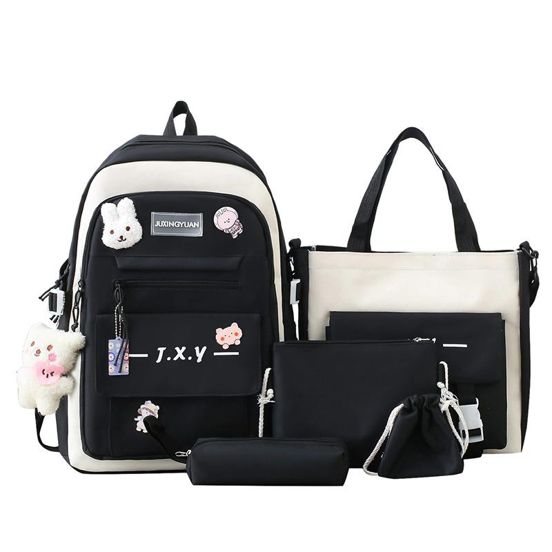 

Школьный рюкзак, начальная школа, средняя школа, многофункциональный школьный рюкзак, женский рюкзак большой вместимости, набор из пяти предметов для защиты позвоночника чёрный