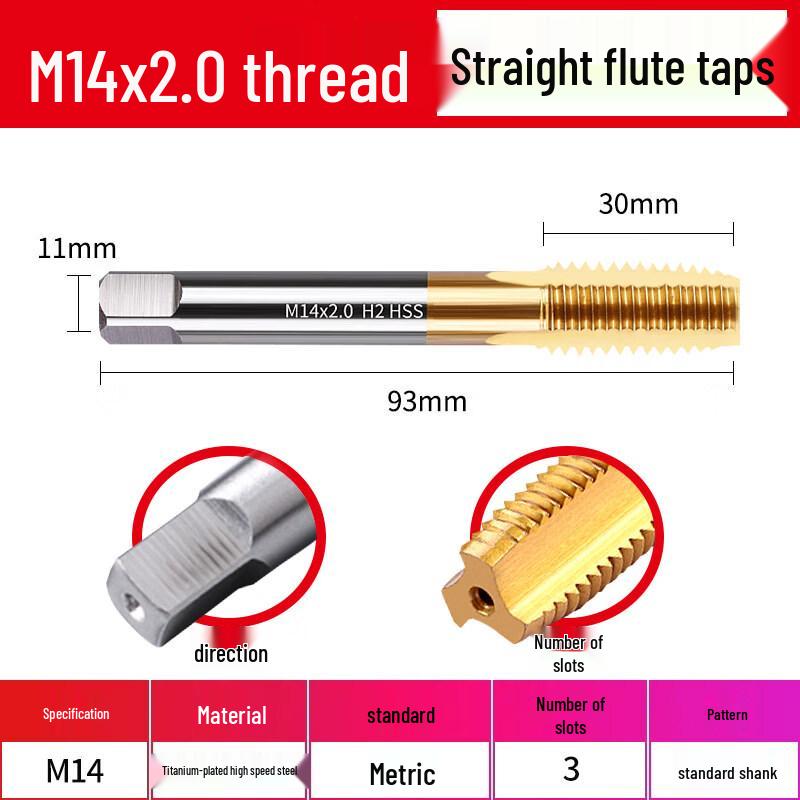 M14x2 Titanium Plated Spiral Flute Tap