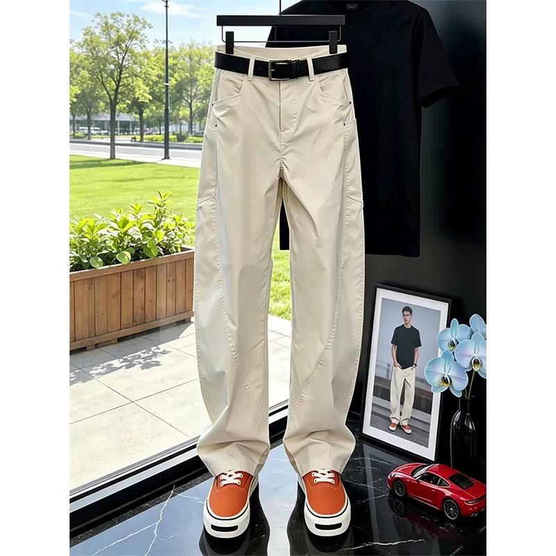 Beige Miter Quick-drying Overalls Men's Summer Thin American High Street Scimitar Logging Pants Straight Casual Pants