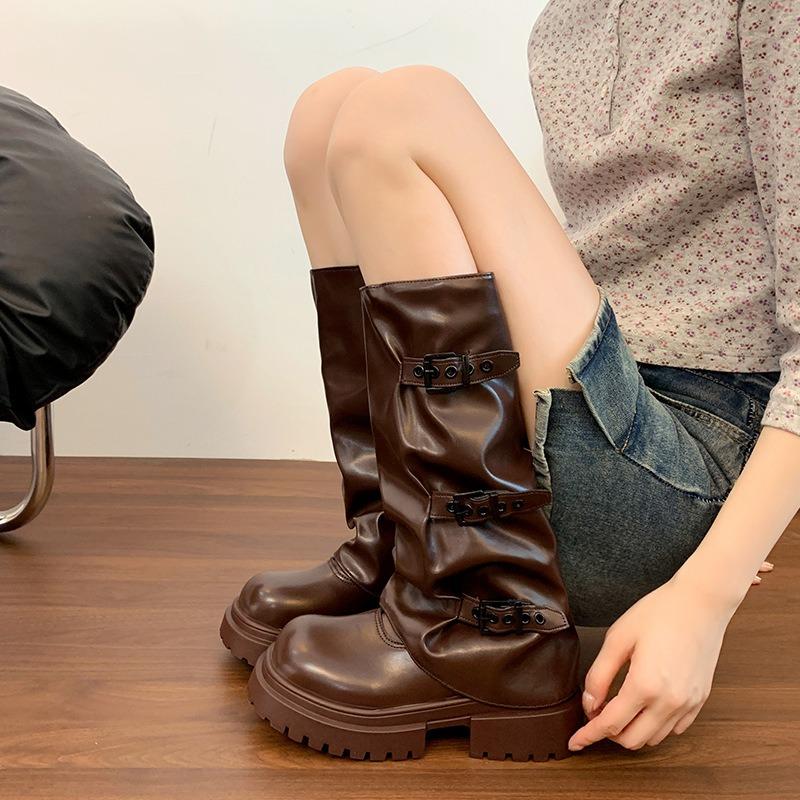 Folded Thick Heel Medium Boots Women's Fashion Versatile Buckle Autumn and Winter New Thick-soled Western Cowboy Boots Stacking Boots