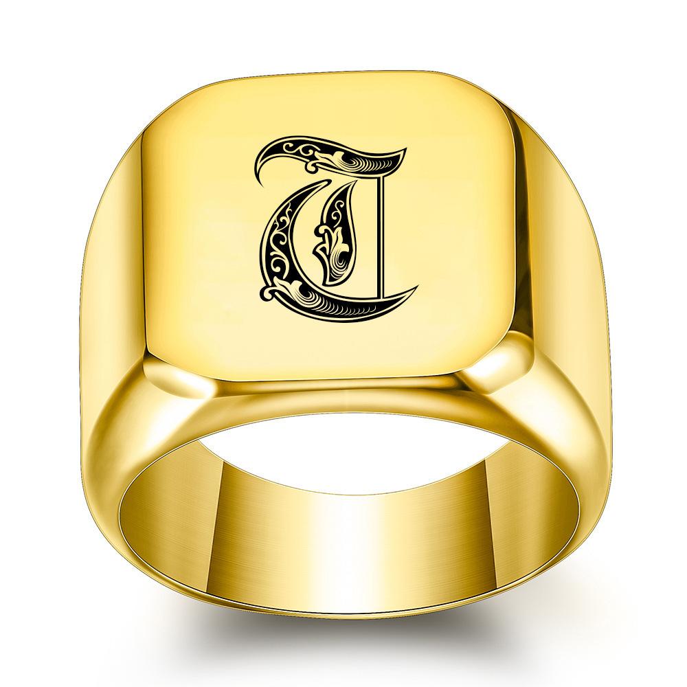 Europe, America 26 personalized English initials titanium steel ring male retro punk square 14MM gold trendy male wholesale