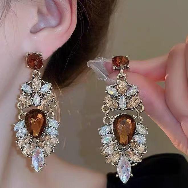 Elegant French Court Rhinestone Water Drop Tassel Earrings