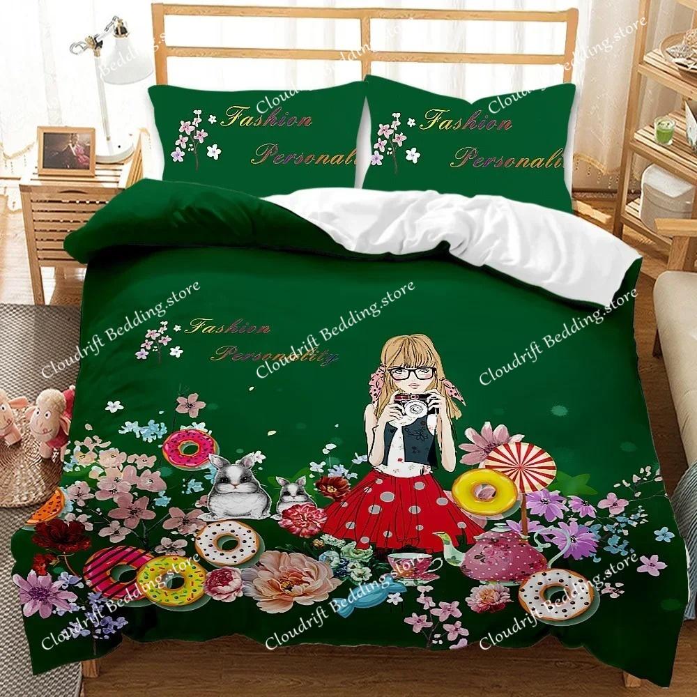 Musical Girl King Queen Duvet Cover Modern Fashion Girly Bedding Set for Kids Teens Adults Cartoon Hip Hop style Quilt Cover
