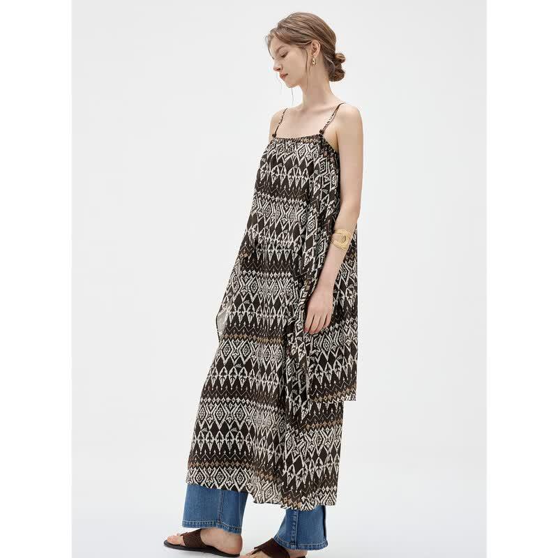 ELLE Vintage Print Tencel Linen A-line Maxi Dress