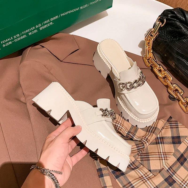 Fashion Women's Elevated Platform House Slippers Female Slides Shoes Square heel Mules Fashion Loafers Med Cover Toe Heels Luxury Fabric