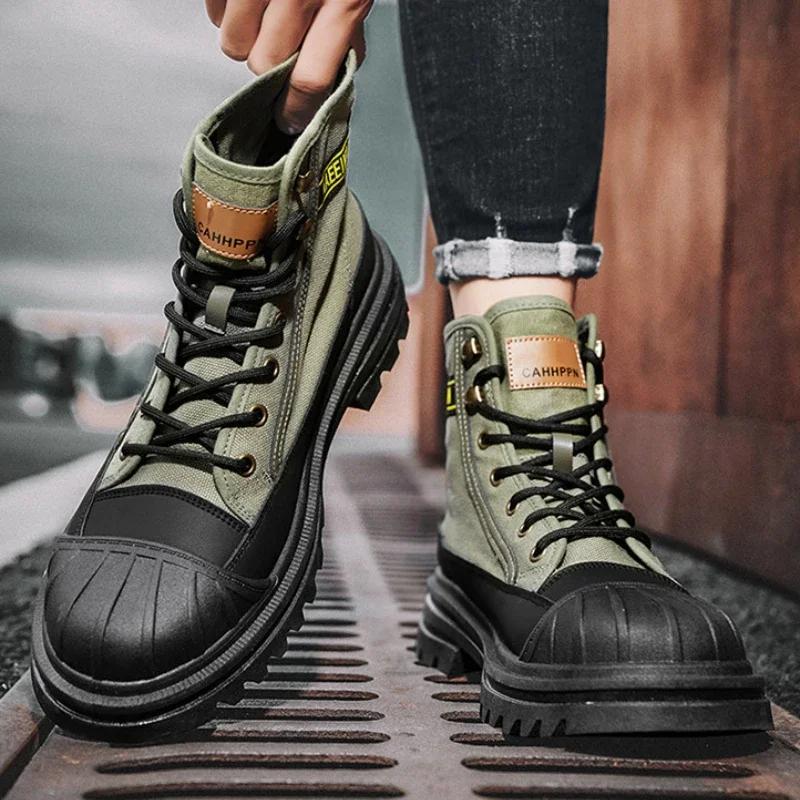Herrenstiefel High-Top-Stiefel Zehenkappe Antikollision Canvas-Stiefel Männliche Arbeits-Sicherheitsschuhe Plateau Freizeitschuhe Atmungsaktiger Knöchelstiefel