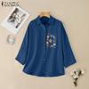 ZANZEA Women Turn Down Collar 3/4 Sleeve Loose Embroidery Blouse