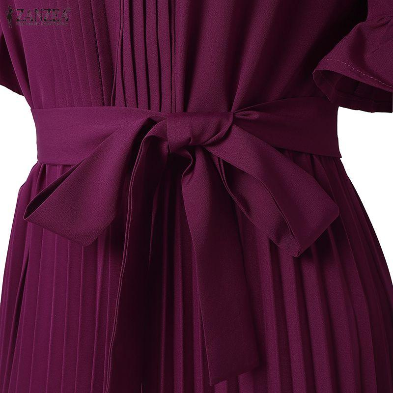 ZANZEA Vestido Casual de Mujer con Cuello Redondo, Color Sólido y Manga Corta