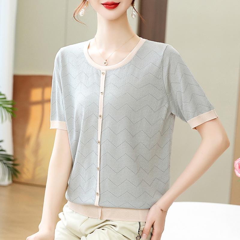 2026 Summer Ice Silk Knit T-shirts for Moms & Elderly Women – Short-Sleeved, Stylish Tops