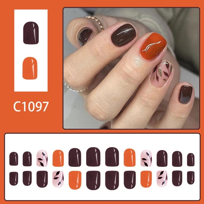 Fashionable Press On Nail With Sparkling Fall Leaves Design Reusable Artificial Nail For Daily Wear