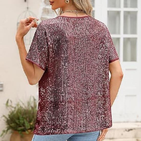 Women Tops Round Neck Short Sleeve Loose Fit Tee Shirt Sparkling Sequins Casual Shirt Versatile Summer Tops