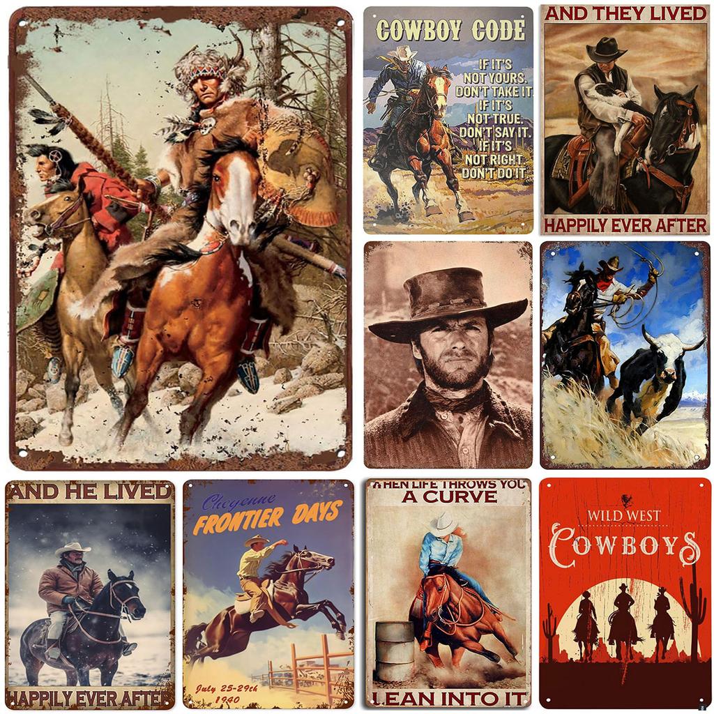 Wild West Cowboys Vintage Metal Tin Signs Wall Decor for Home Garden Garage Man Cave Bars Cafe Clubs Retro Posters Plaque