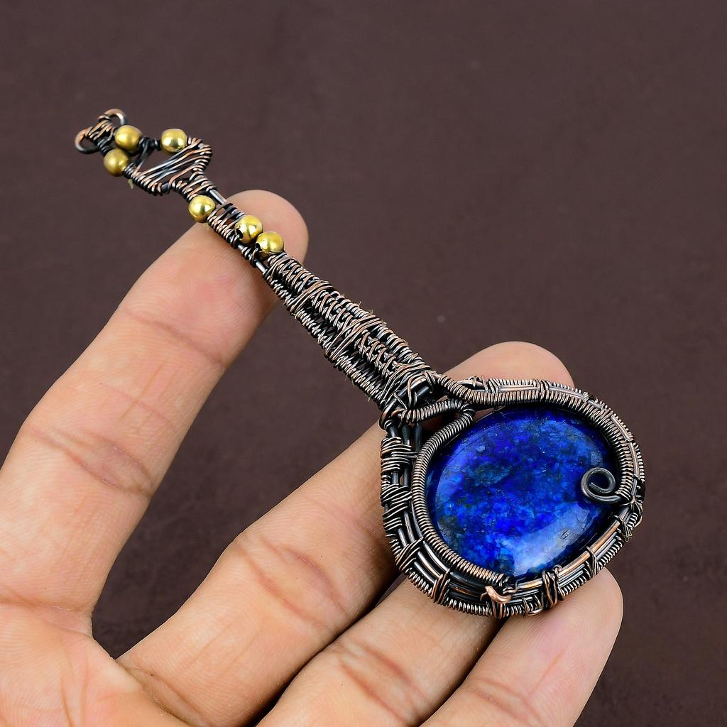 Natural Guitar Lapis Lazuli Stone Handmade Copper Wire Wrap Pendant 4.33" E4w79