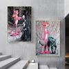 Rama z litego drewna Pop Art kolor Graffiti różowa pantera kreskówka plakat i wydruk na płótnie obraz ścienny do dekoracji wnętrz w salonie