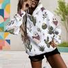 Women Plus Size Cute Cow Cactus Printed White Long Sleeve Drawstring Hoodie Kangaroo Pocket Pullover