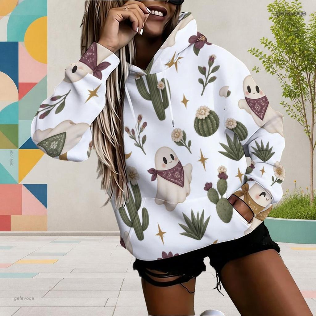 Women Plus Size Cute Cow Cactus Printed White Long Sleeve Drawstring Hoodie Kangaroo Pocket Pullover