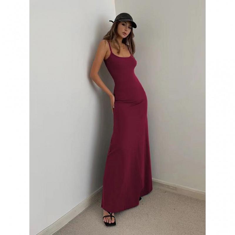 Elegantes Slim Fit Solid Sexy Party Langes Kleid Damen Casual Straps Rückenfreies Kleid für Damen Sommer Neue Hohe Taille A-Linie Ärmelloses Damenkleid 26383