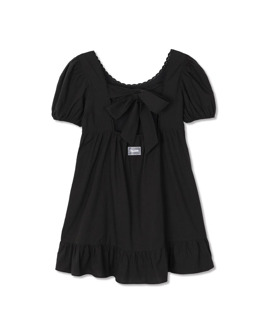 Michikoleondeonkosino Puff Sleeve Ribbon Mini Dress Black