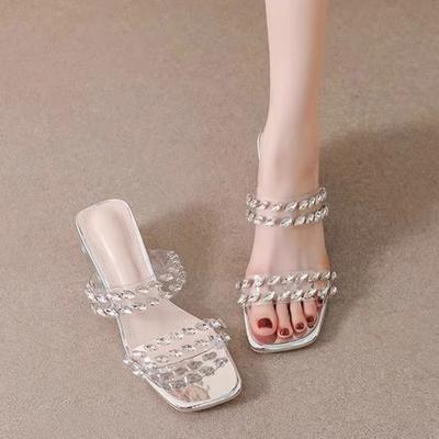 2025 Spring and Summer Explosion Silver Rhinestone Temperament Square Head Word with High Heels Female Sexy Open-toed Thin Heel Cool Slippers