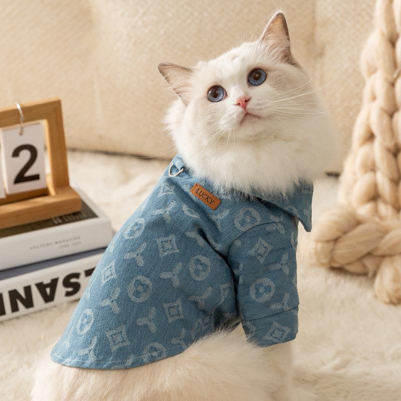 Cat Casual Style Denim Shirt Autumn and Winter Dog Trendy Cool Can Be Towed Pet Teddy Than Bear Can Be Towed Clothes