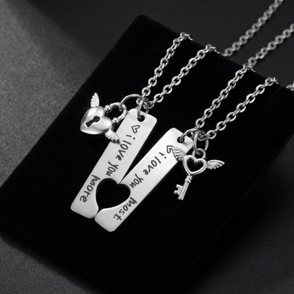2pcs Stainless Steel I Love You More Necklaces Puzzle Heart Lock Key Pendant  Valentine Day Gift