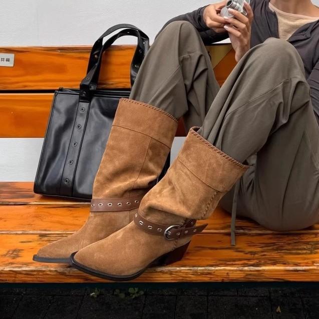 Lapel Two Wear Wide Tube Stacking Boots Pointed Western Cowboy Boots 2025 Summer Boots Women's Thick Heel Versatile Medium Boots