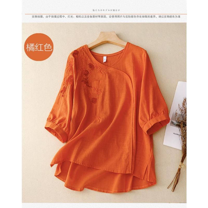New Summer Style 700-quarter Sleeve Embroidered Shirt for Women's Literary Retro Loose Embroidered Cotton and Linen Top