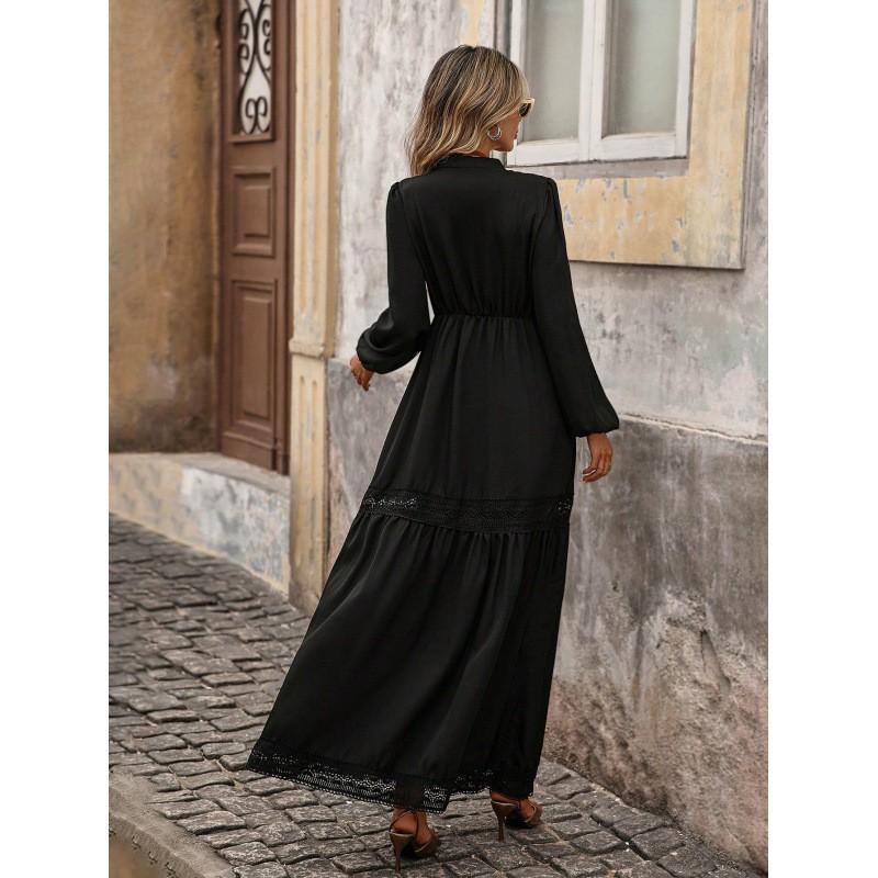 Minimalist Solid Color Long Sleeve A-Line Dress With Lace Trim High Waist Everyday Wear